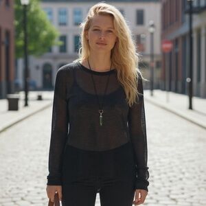 Catherine Malandrino Black Long Sleeve Textured Round Neck Top SZ S